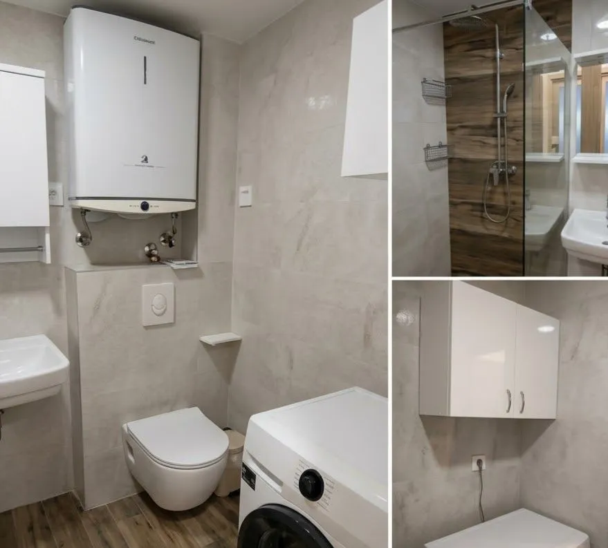 Compact bathroom with a shower cabin, toilet, water heater, and washing machine.