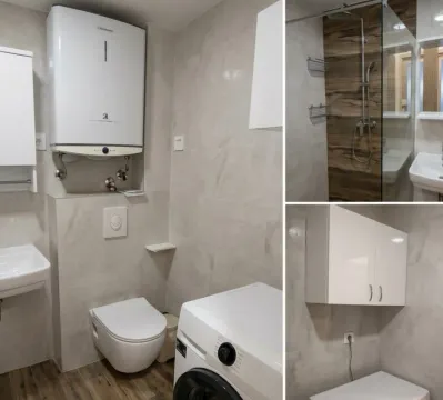 Compact bathroom with a shower cabin, toilet, water heater, and washing machine. - image 7