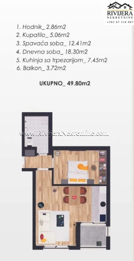 Prodaja, jednosoban stan, 50m², Kava, Tivat