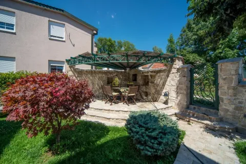 Landscaped yard with a paved seating area under a canopy and greenery. - image 8