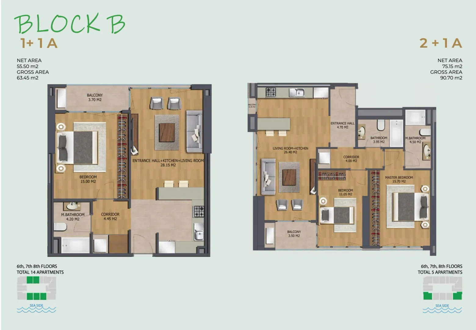 Architectural floor plan of the apartments with room layouts and areas.