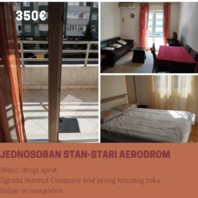 Izdavanje, jednosoban stan, 36m², Stari Aerodrom, Podgorica
