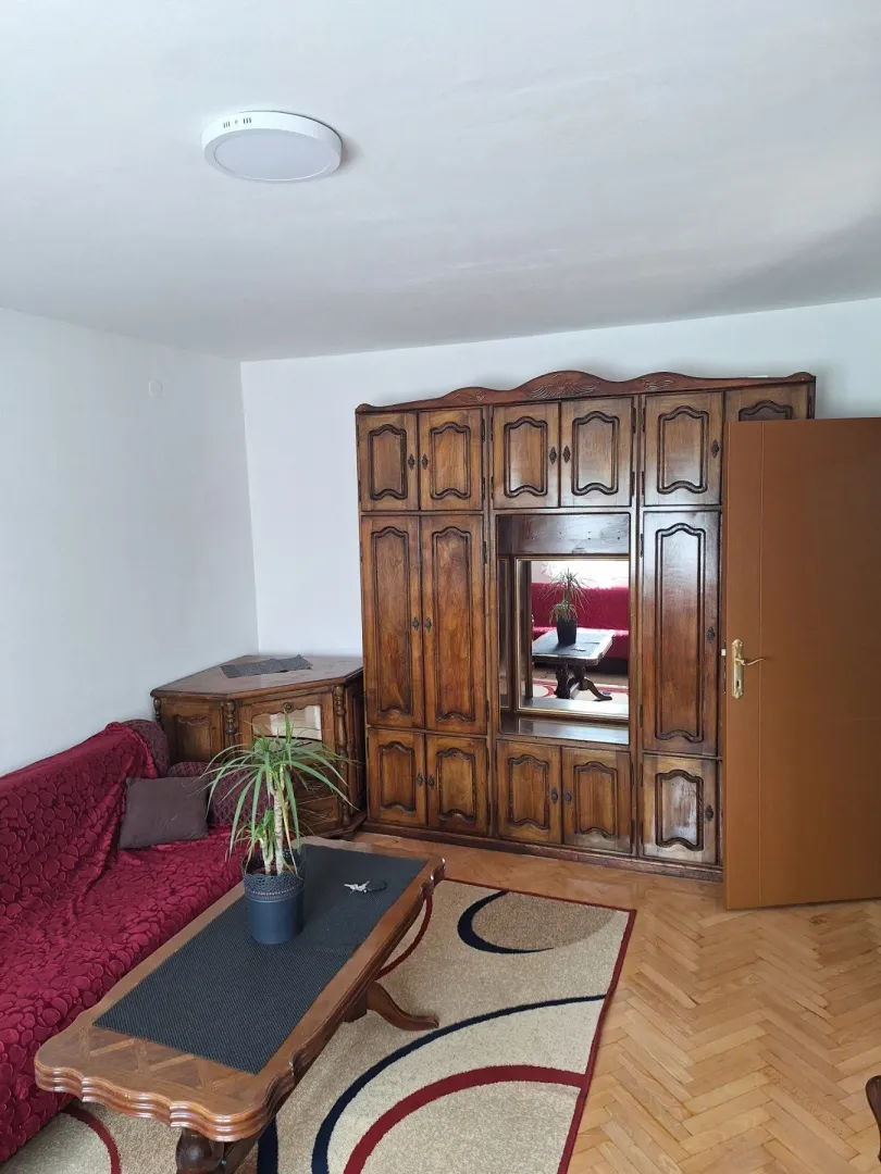 Living room with a sofa, wooden wardrobe, and parquet flooring.