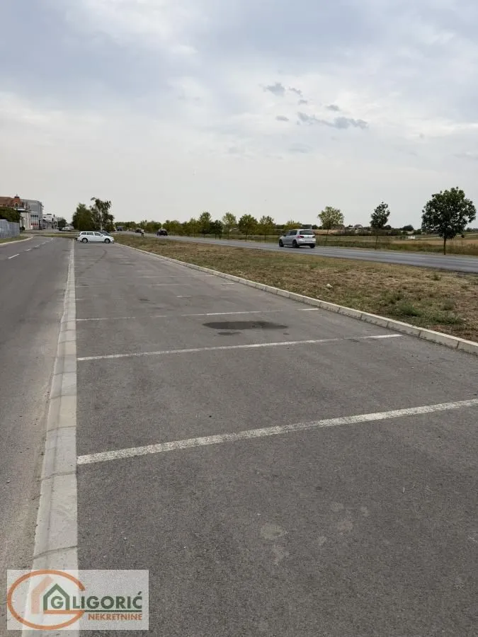 Asphalted parking space next to the road with marked spots.