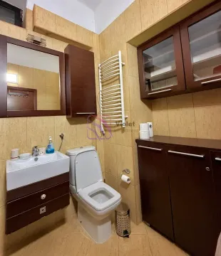Kupatilo opremljeno umivaonikom, WC šoljom i drvenim ormarićima. - image 2