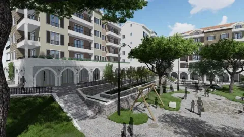 Spoljašnji pogled na moderno stambeno naselje sa uređenim dvorištem i zelenilom. - image 10