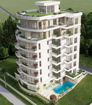 Spoljašnji izgled moderne stambene zgrade sa bazenom i uređenim dvorištem. - image 17