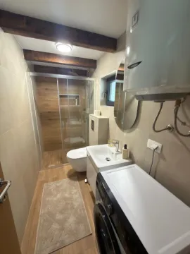 Smaller bathroom with a walk-in shower, washbasin, and washing machine. - image 7