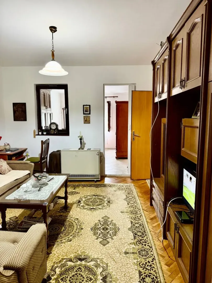 Dnevna soba sa garniturom, drvenim namještajem i tepihom.