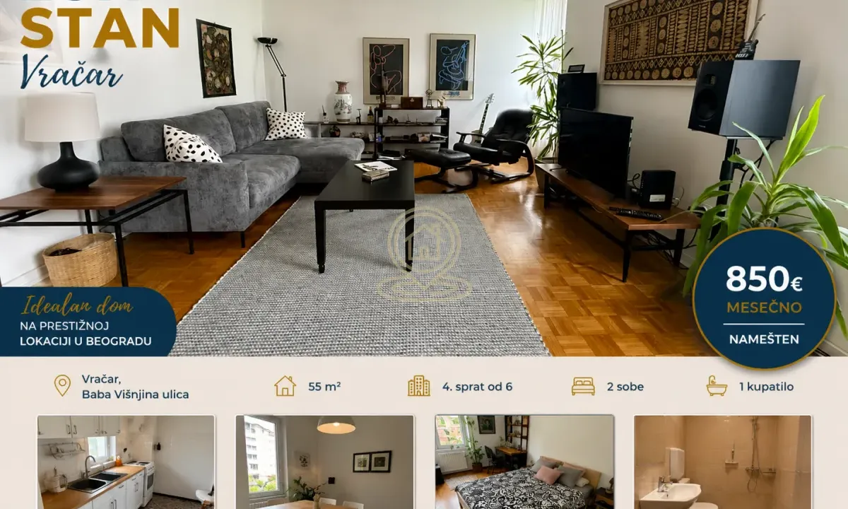 Rent, two bedroom apartment, 55m², Vračar Sve Podlokacije, Beograd