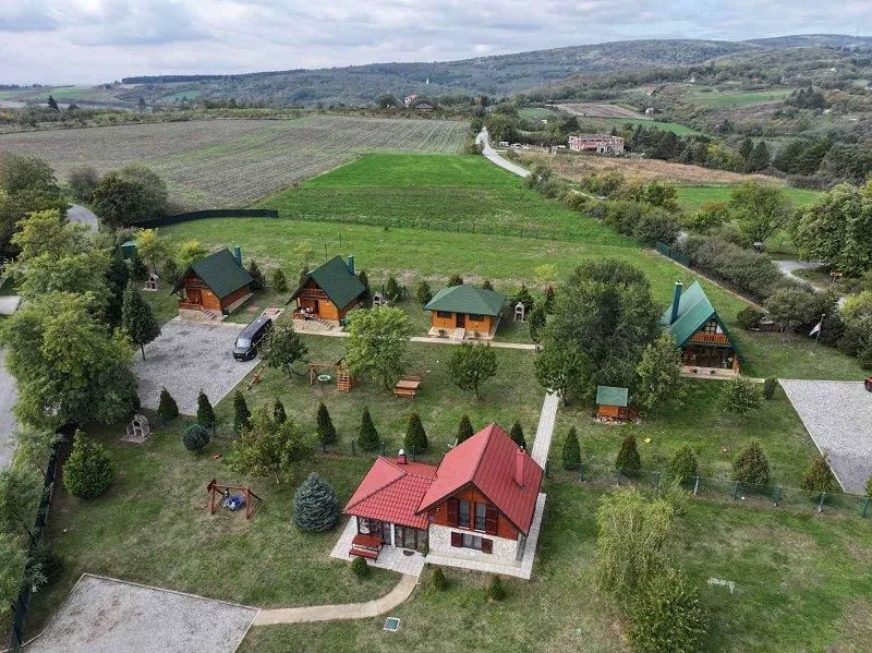 Pogled iz vazduha na kompleks drvenih kućica sa uređenim dvorištem i zelenilom.