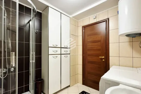 Bathroom with a shower cabin, built-in cabinet, and wooden door. - image 9