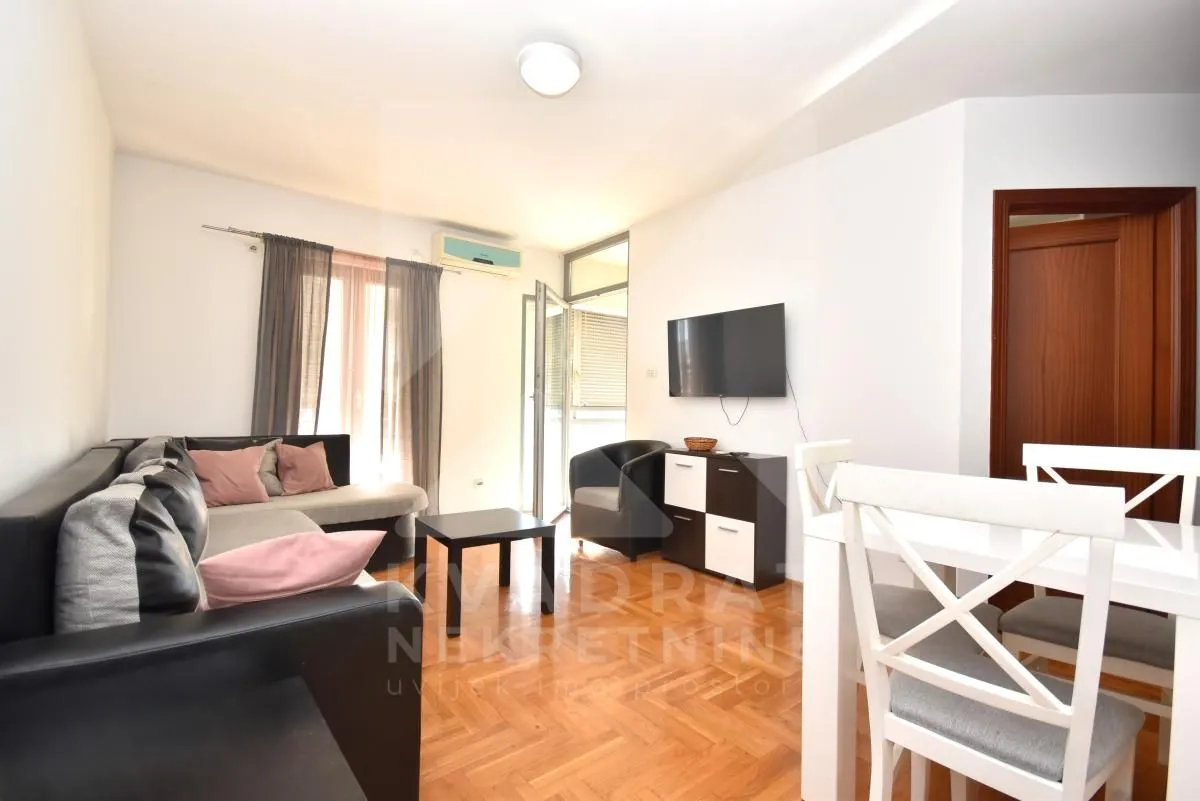 Living room with sofa, TV and dining table.