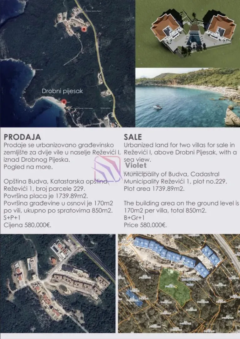 Kombinovani prikaz lokacije, plana parcele, rendera i okoline sa pratećim opisom na oglasu.