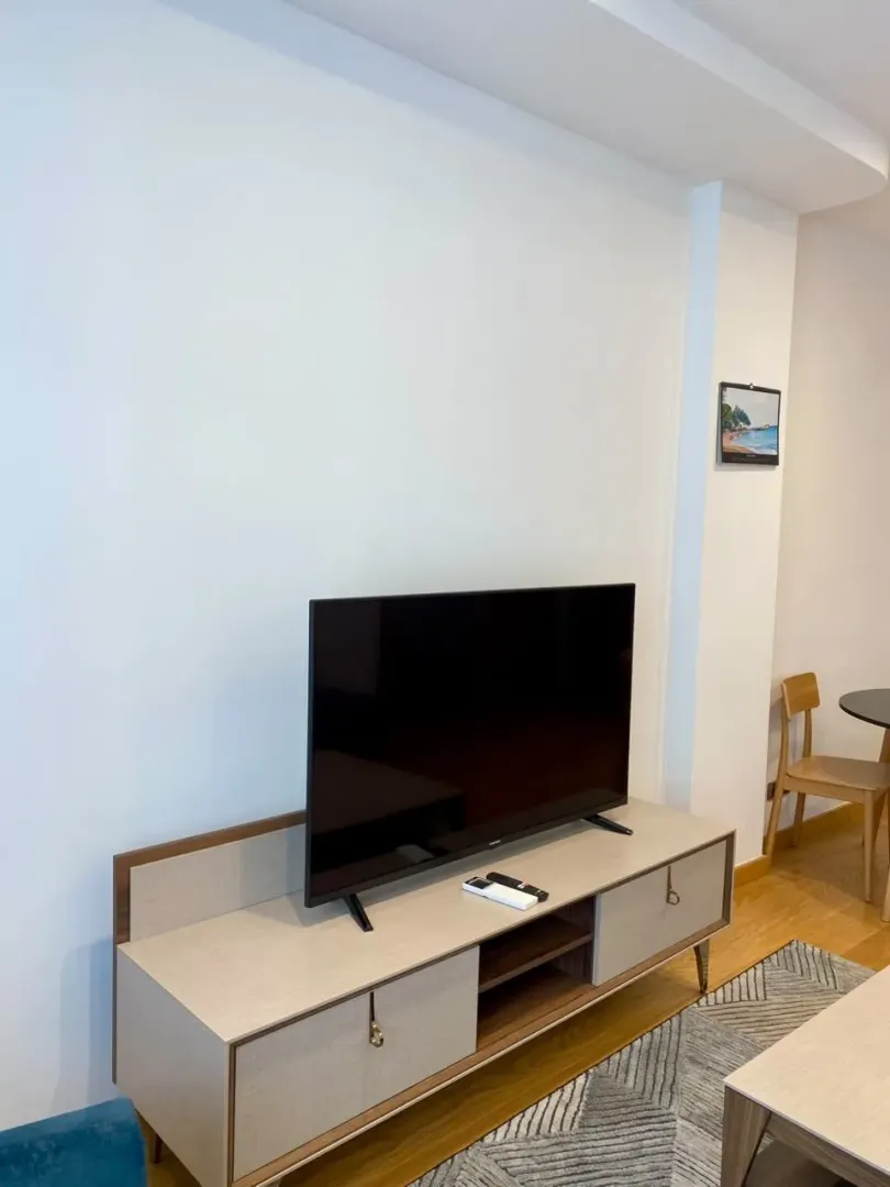 Living room with a TV on a media console and light walls.