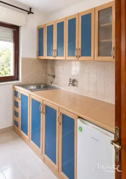 Manja kuhinja sa drvenim elementima i plavim frontovima. - image 12
