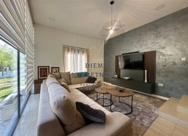 Modern living room with sofa and TV.