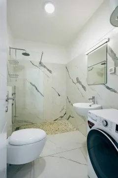Modern bathroom with a walk-in shower, washbasin, and washing machine. - image 2