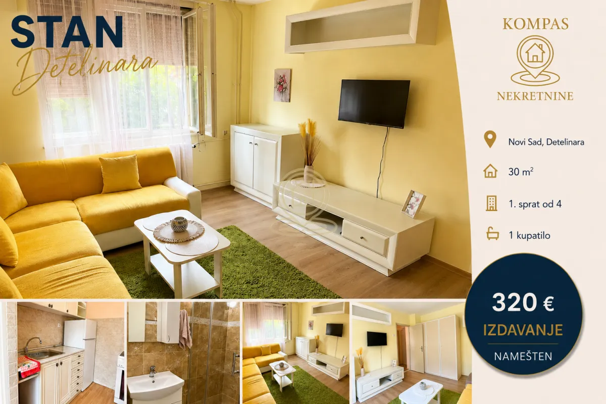 Izdavanje, jednosoban stan, 30m², Detelinara, Novi Sad Sve Podlokacije