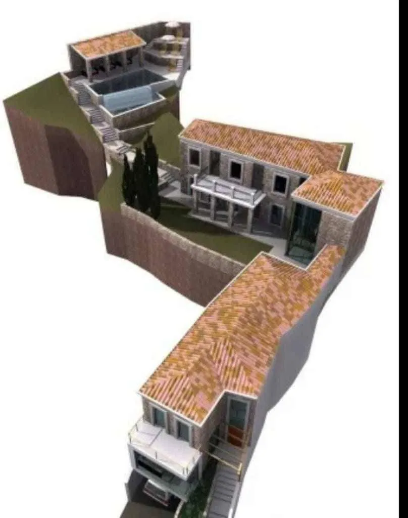 3D rendering of a house complex with a swimming pool and terraced yard.