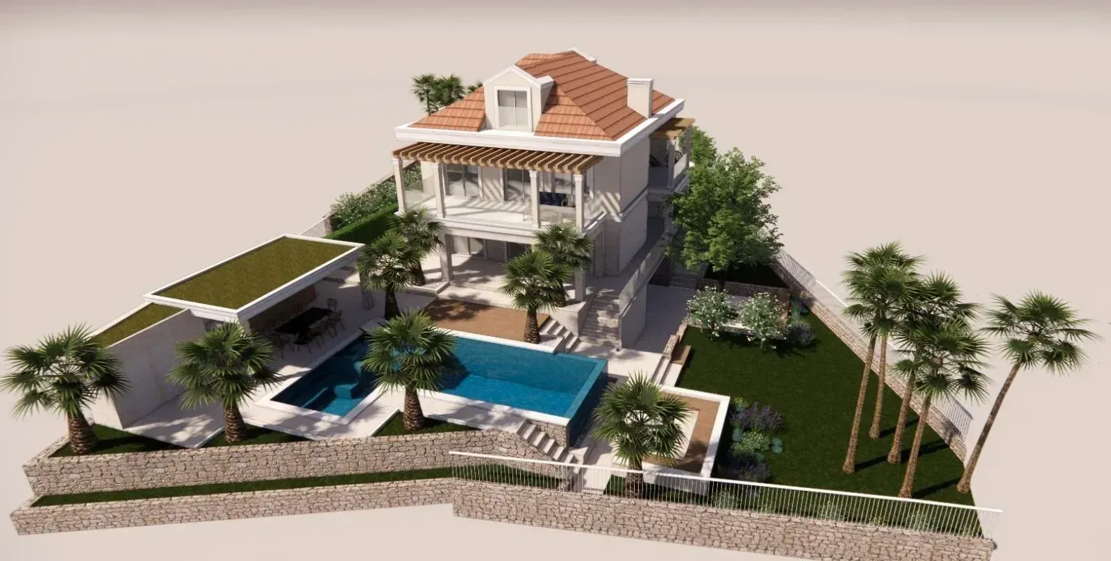 3D prikaz luksuzne kuće sa bazenom, uređenim dvorištem i palmama.