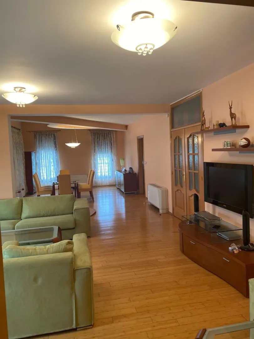 Prostrana dnevna soba sa zelenom garniturom i trpezarijom u pozadini.