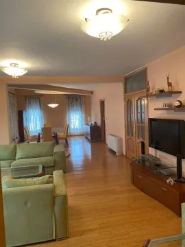 Prostrana dnevna soba sa zelenom garniturom i trpezarijom u pozadini. - image 13