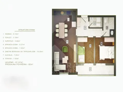 Sale, two bedroom apartment, 62m², Zagorič, Podgorica - image 2