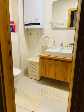 A neatly arranged bathroom with a washbasin, toilet, and water heater. - image 8