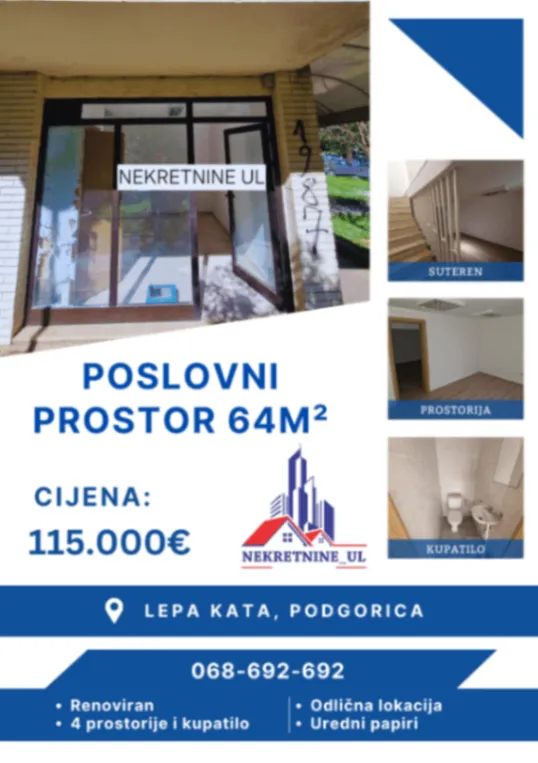 Prodaja,  poslovni prostor, 64m2, Lepa Kata, Podgorica