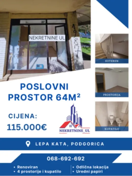 Prodaja, poslovni prostor, 64m², Lepa Kata, Podgorica
