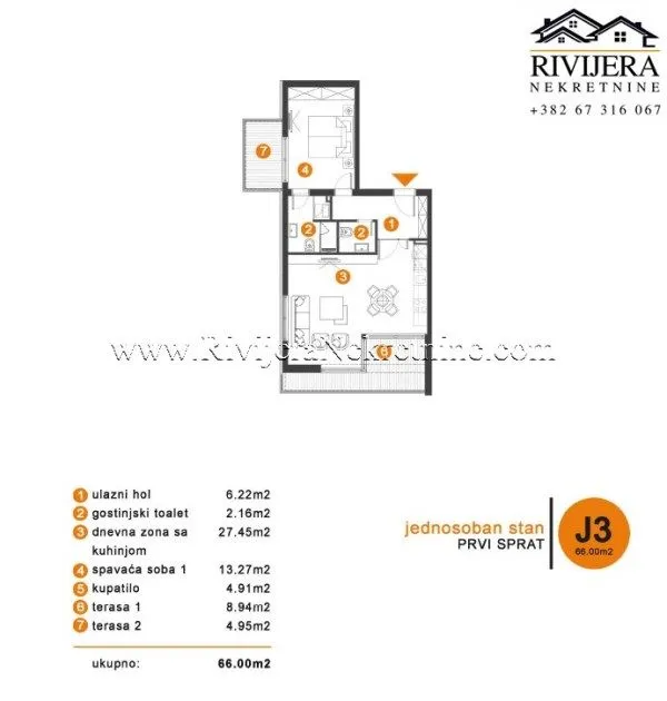 Prodaja, jednosoban stan, 66m², Opatovo, Tivat