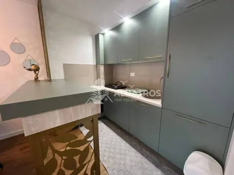 Manja moderna kuhinja sa tamnim elementima i šankom. - image 6