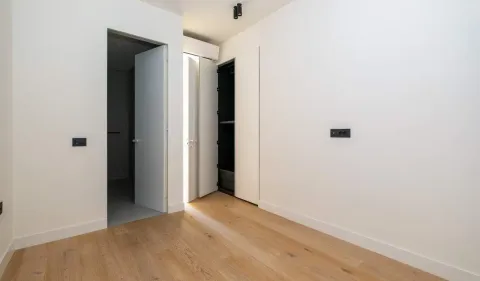 Prazna soba sa bijelim zidovima, drvenim podom i ugradnim ormarom. - image 25
