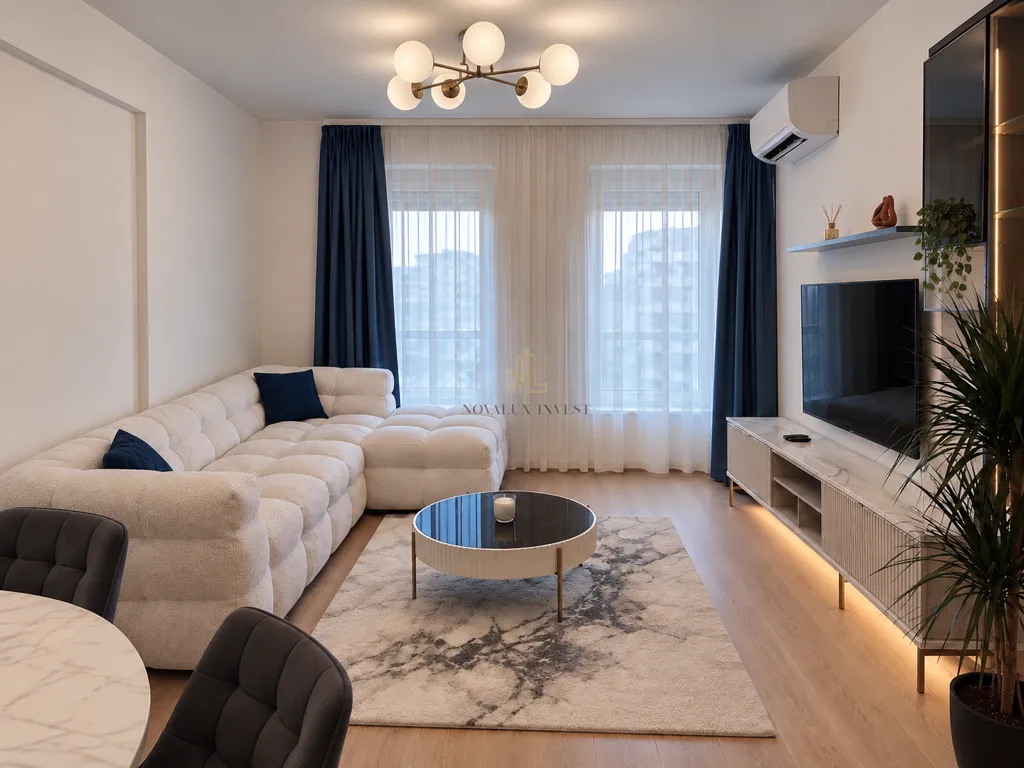 Modern living room with a sectional sofa, TV, and dining table.