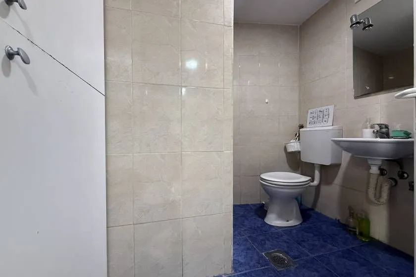 Bathroom equipped with a toilet, washbasin, and mirror.