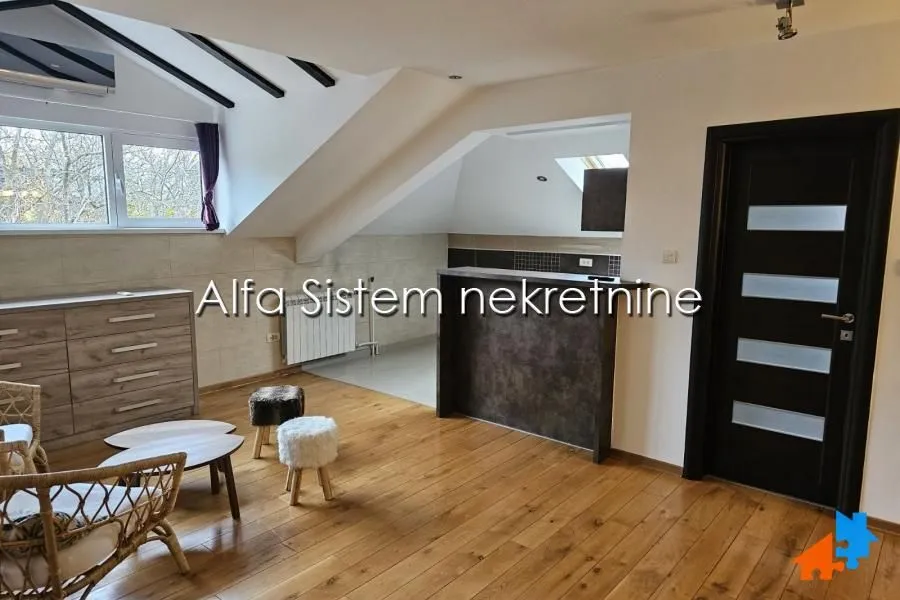 Living room with wooden flooring, furniture, and skylights.
