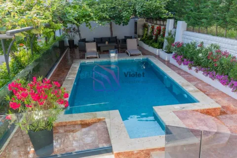 Top view of the swimming pool with loungers and landscaped yard. - image 15