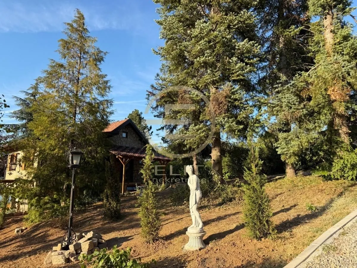 Pogled na dvorište i kuću okruženu zelenilom.