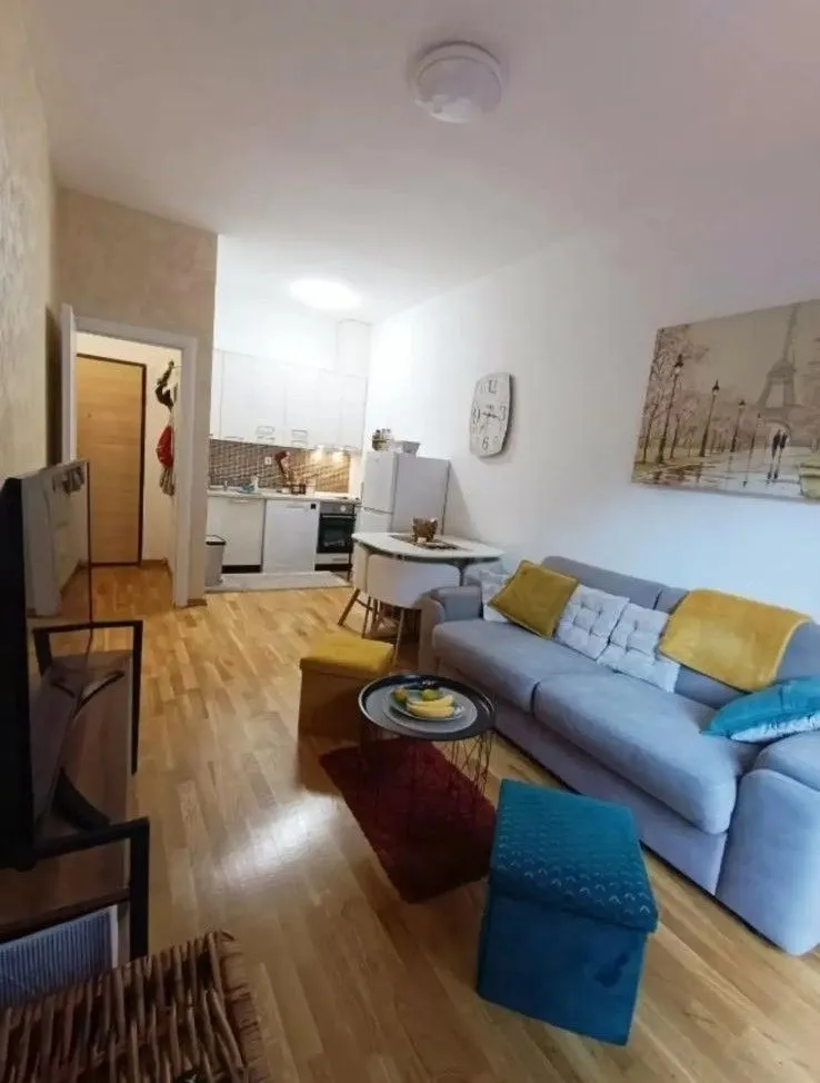 Living room with a sofa and dining area connected to the kitchen.