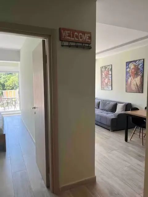 View from the hallway into the living room and terrace.
