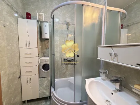 Compact bathroom with a shower cabin, washbasin, and cabinet. - image 9