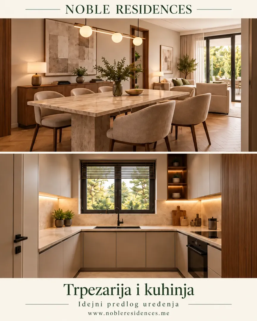 Interior view showing the dining area connected to the living room and a U-shaped kitchen.