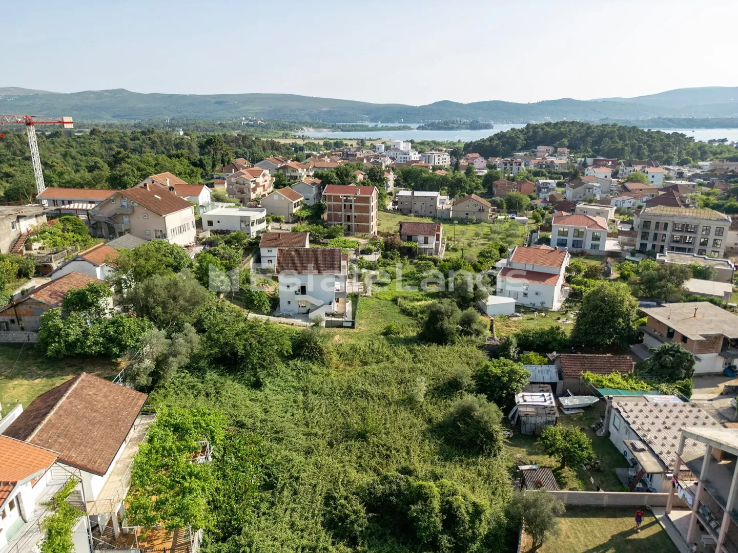 Pogled iz vazduha na naselje i okolno zelenilo.