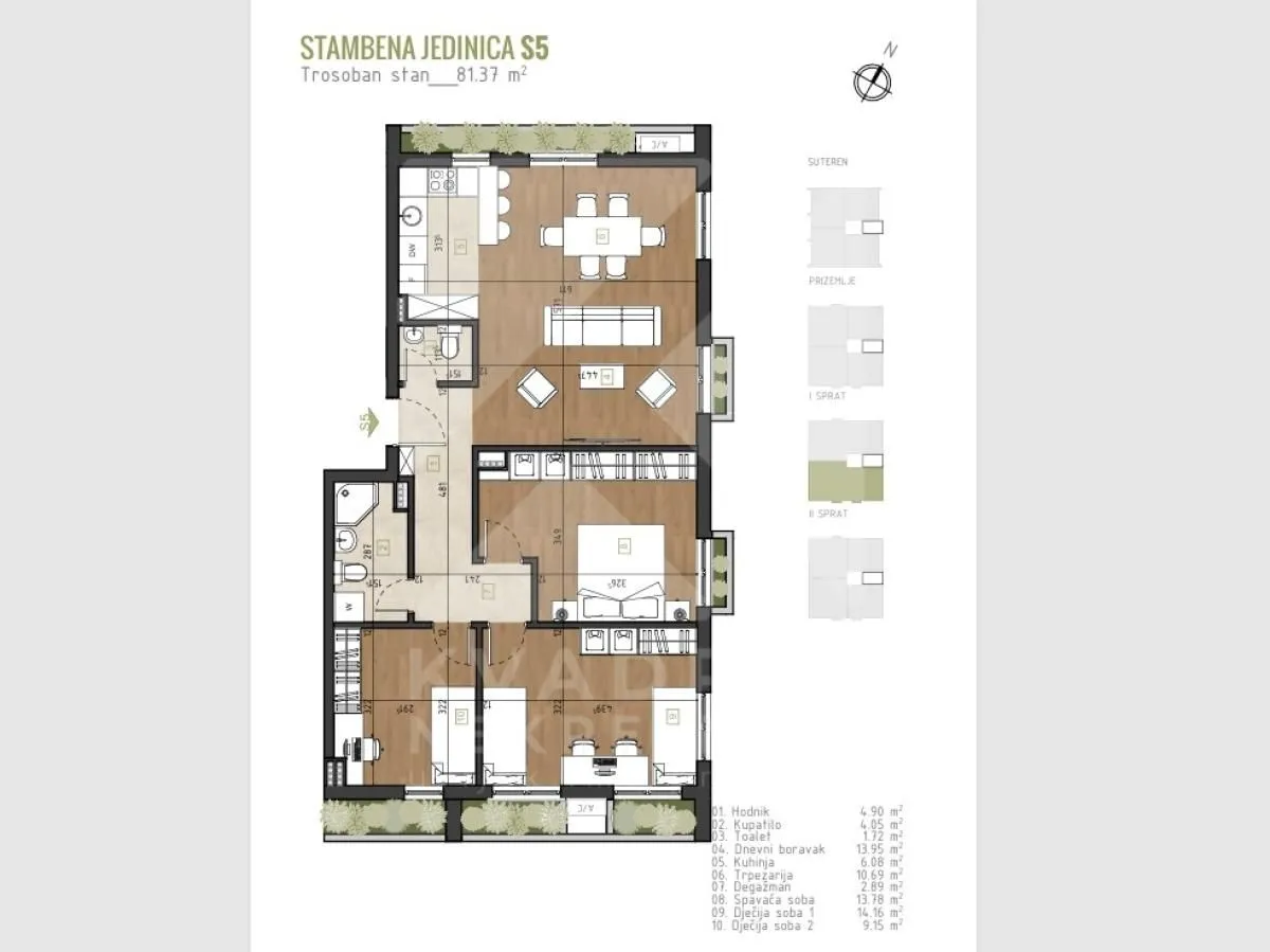 Osnova trosobnog stana površine 81,37 kvadratnih metara.