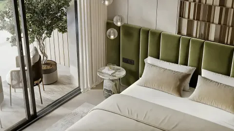 Moderna spavaća soba sa velikim bračnim krevetom i izlazom na terasu. - image 11