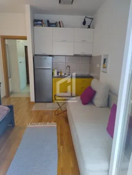 Small living room with a sofa and a compact kitchenette. - image 2