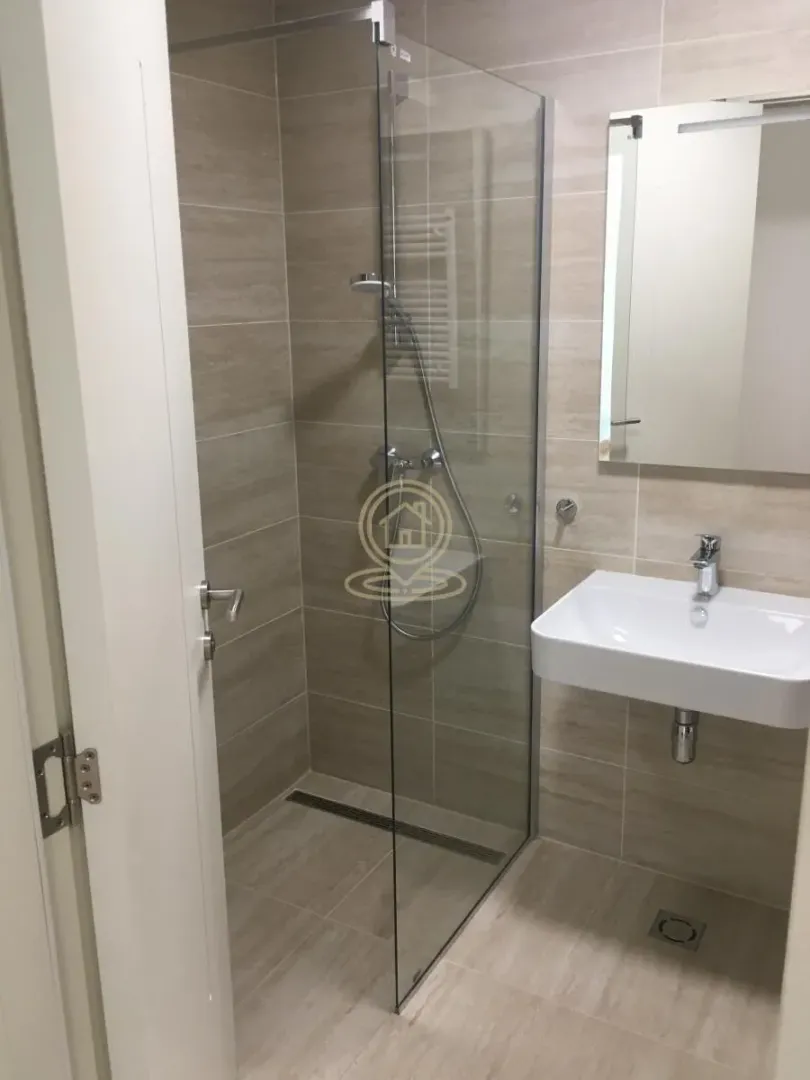 Modernly equipped bathroom with a walk-in shower and washbasin.