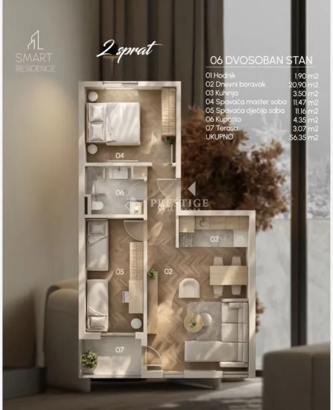 Prodaja, dvosoban stan, 55m², Zabjelo, Podgorica