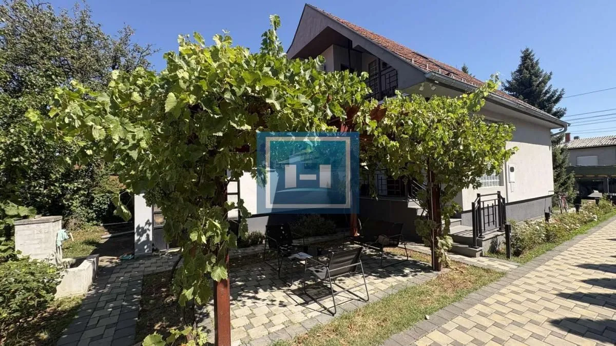 Dvorište kuće sa natkrivenim prostorom za sedenje i lozom.
